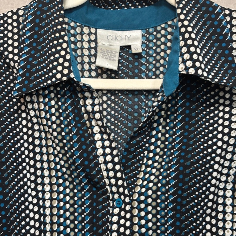 Clichy Button Down Womens XL Polka Dot Geometric Collared 3/4 Sleeve Blouse